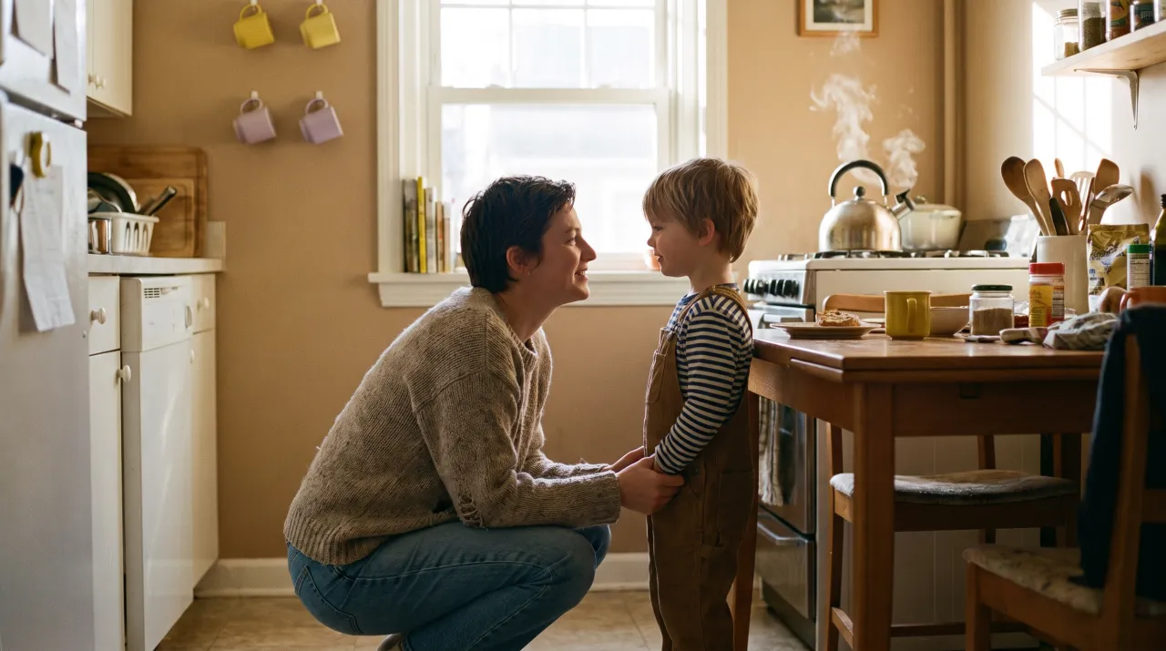 Illustrative parent and child talking at eye level in a sunlit kitchen